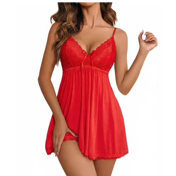 Vibrant red lace baby doll nightgown for women with floral mesh bodice, adjustable spaghetti straps, and pleated satin-finish skirt.