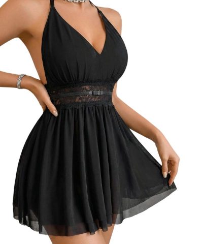 Soft Lingerie for Women Sexy Nightwear Lace Babydoll Chemise with Halter Neck Nighty