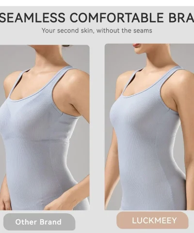 Side-by-side comparison of a woman in a blue ribbed tank top showing the difference between a standard bra with visible seams and the Luckmeey seamless wireless bra for a smooth, invisible look.