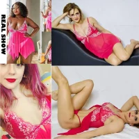 Real customer photos of women of different body types wearing the rose red lace babydoll lingerie set, showcasing the inclusive fit and vibrant pink color in a home setting.